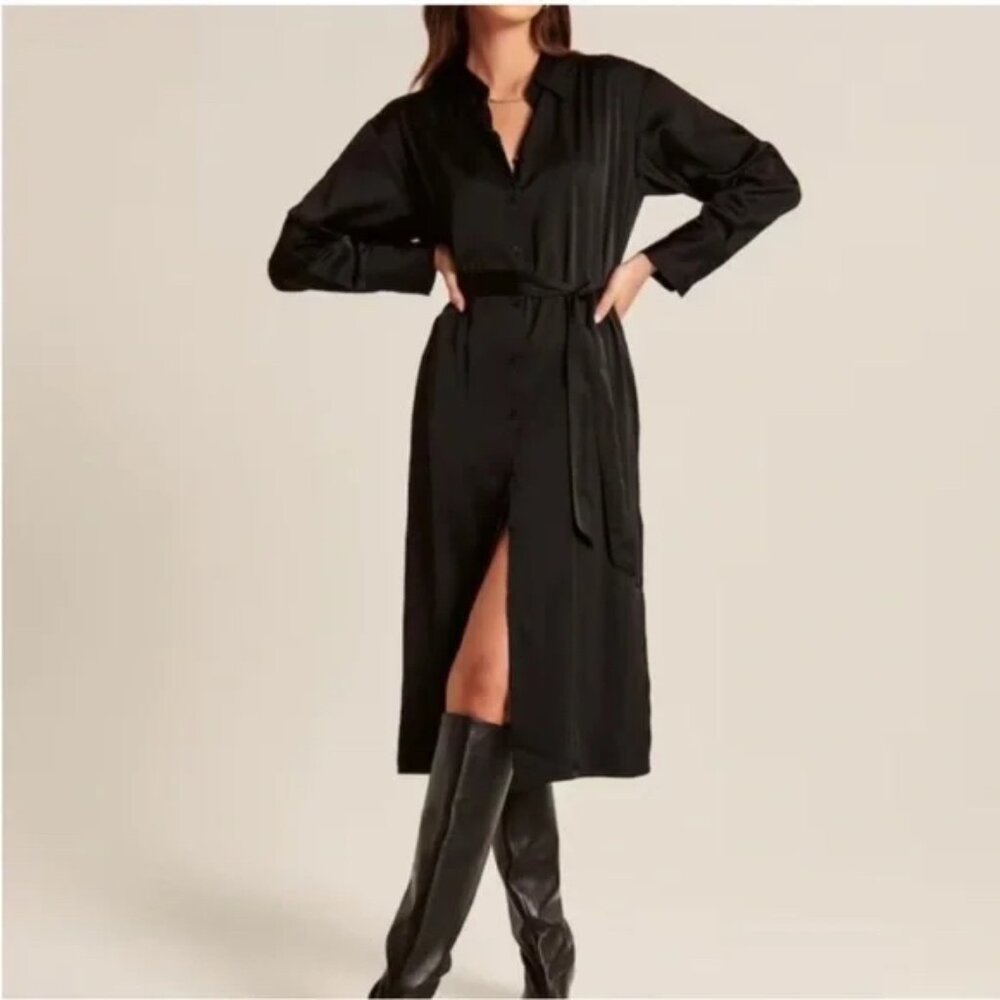 Abercrombie & Fitch NWT Long Sleeve Chocolate Brown Midi Shirt Dress Womens Sz L